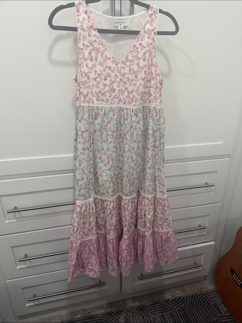 LoveShackFancy Pink and Mint Floral Tiered Maxi Dress